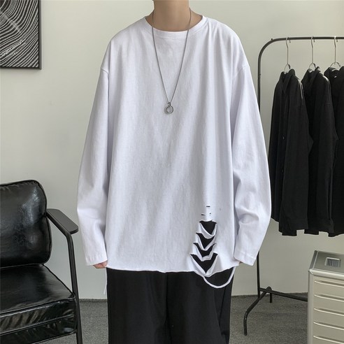 찢어진 가을 긴팔 티셔츠 남자 느슨한 홍콩 스타일 속옷 봄과 가을 유행 브랜드 스트리트 기본 스웨터
