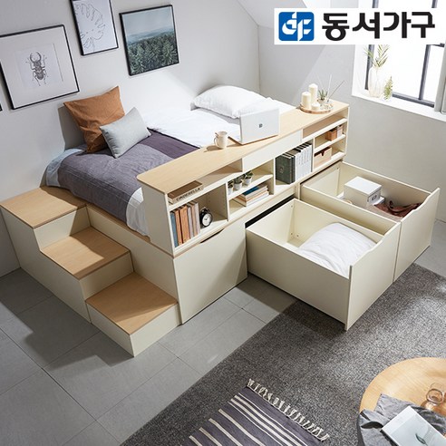 동서가구 시스템 평상형 멀티 수납 벙커 퀸 침대 프레임+수납계단+책장 DF638551, 오크+라이트 아이보리