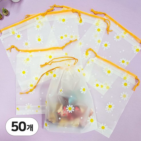선물포장비닐 복주머니 구디백 포장지 끈 봉투 선물주머니, 데이지 중, 50매