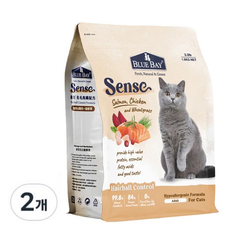 블루베이 고양이 센스 닭 & 연어 & 밀싹 건식사료, 2개, 1.5kg, 닭+연어