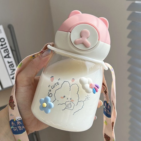 물 컵 여성 틈새 밀짚 커피 컵 귀여운 높은 색상 가치 요정 호흡 일본 휴대용 유리 그물 레드 컵, 컵 투명 스티커 크로스 바디 로프 3D 스티커, 500ml 배 장미 분말