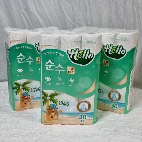 헬로 에코베어 화장지 3겹 18m 30롤 X 3팩 100% 천연펄프 롤화장지