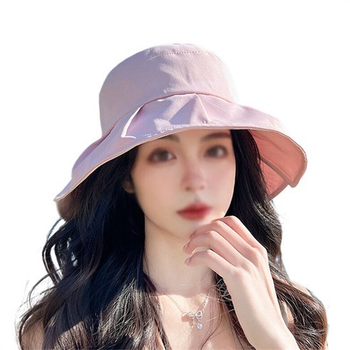 따봉오빠 여성 휴양지 패션 리본 목 보호 벙거지 모자 YY5214, 핑크