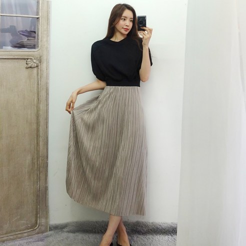 이힝 꾸안꾸 플리츠 주름 스커트 밴딩 반팔 롱원피스
