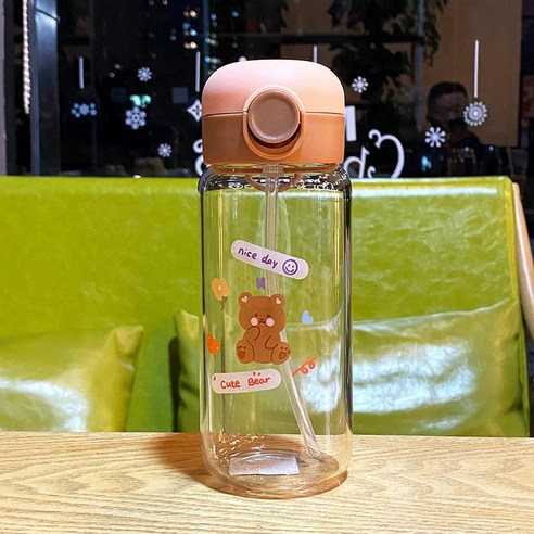 DFMEI 유리 물 컵 여성 빨대 컵 성인 휴대용 간단한 여성 컵, DFMEI 갈색 곰, 350ml