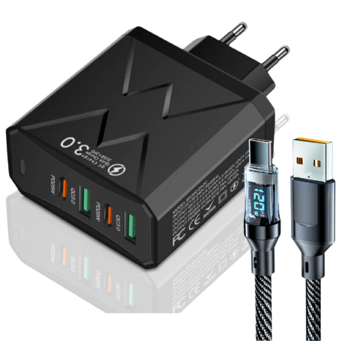 USB+PD 4포트 멀티 고속충전기 100W+ 2m LED 디스플레이 고속 충전 케이블, 블랙, USB-Typec