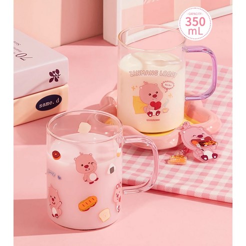 MINISO 잔망루피유리컵 분홍/보라색손잡이 자취생선물하기좋은350ml 2종단품/세트, 1개, 퍼플