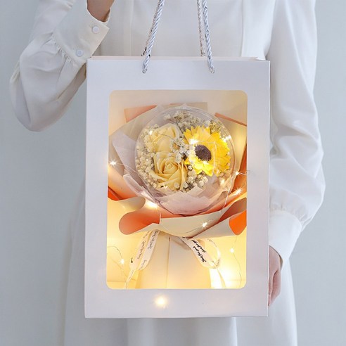 뷰라뷰 비누꽃 꽃다발 풍선꽃다발 스승의날 어버이날 선물, 1개, 화이트+종이백+조명