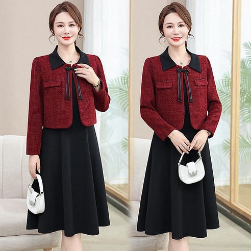 중년 여성을 위한 우아하고 편안한 트위드 원피스 투피스