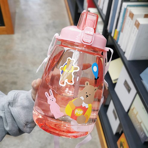 【휴대용 물병】슈퍼 대용량 물 컵 주전자 피트 니스 높은 생긴 밀짚 버킷 공간 컵 물병 내열성 컵, 1600Ml핑크+스티커