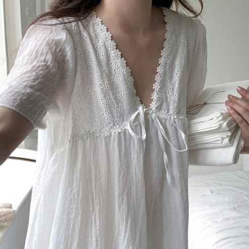 여름밤을 수놓는 순백의 꿈결, 피어 여성 순면 원피스 파자마 임산부여름잠옷