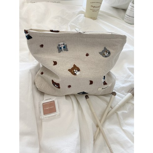 작은 흰색 토끼 수 놓은 고양이 면화와 리넨 화장품 가방 며칠 변경 저장 가방 예술적 귀여운 휴대용 핸드백