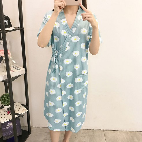 DFMEI-Y 기모노 잠옷 여성 여름 반팔 Nightdress 목욕 가운 느슨한 대형 잠옷 여성 봄과 가을 중간 길이 가운, DFMEI 스트립 반팔 해바라기, S 사이즈 (80-95 Jin 권장)