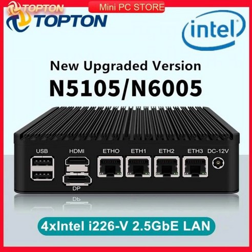 인텔 i226-V 4코어 미니 PC, N5105 CPU, 16GB RAM 128GB NVMe, VPN 서버 및 방화벽 기능 탑재 
데스크탑