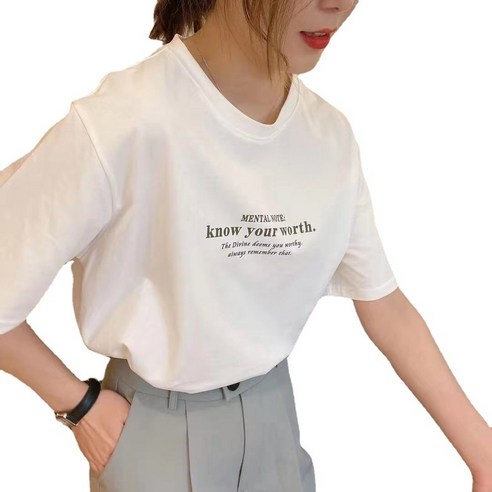 맨투맨 심플한 흰색 반팔 티셔츠 여성용 여름 프린트 면 탑 패션 느슨한 내부 ANKRIC