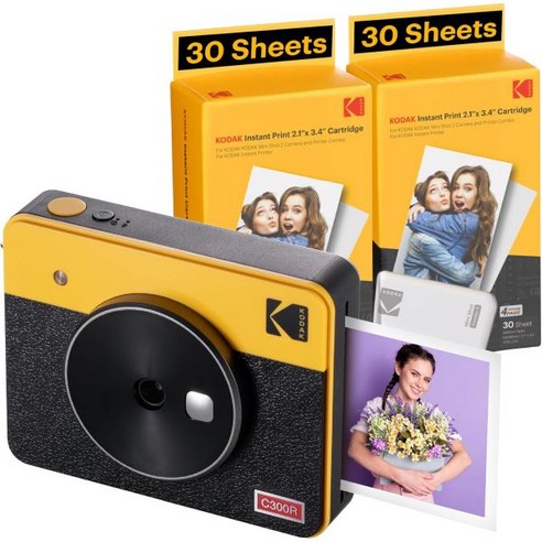 KODAK 미니샷 3 레트로 4PASS 2in 1 인스턴트 디지털 카메라 및 포토 프린터 3x3인치 이니셜 8매 + 60매 카트리지 번들 노란색 Zink 아님, Yellow, 3x3 Camera + 68 Sheets