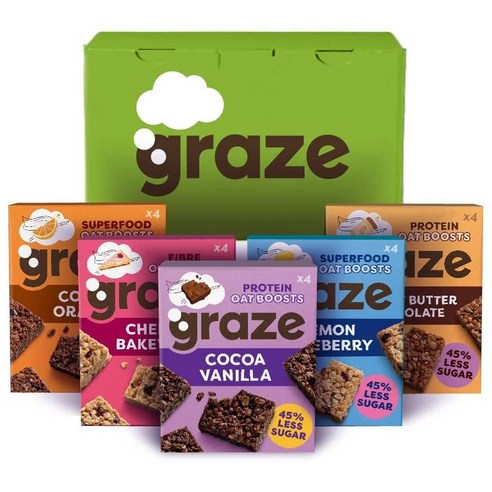 GRAZE 그레이즈 건강 스낵 셀렉션 5종 (피넛 버터 초콜릿 코코아 바닐라 코코아 오렌지 체리 베이크웰 레몬 블루베리) 시리얼바 600g