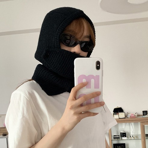 엘렌 니트 바라클라바 페이크 후드 넥워머 겨울 방한 발라클라바 모자, 블랙