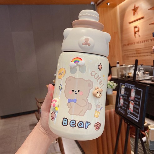 보온컵 여자 고안가 주전자 휴대용 야외 선녀 컵 배 빨대 물컵, 카키+스티커+액세서리, 1130ml