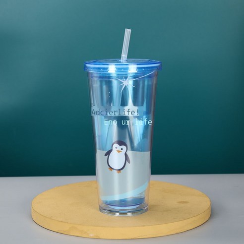 재사용 가능한 컵 투명 대용량 빨대 컵 학생 밀짚 음료 컵 커피 주스 이중층 플라스틱 컵, 파란색 8811, 600ml