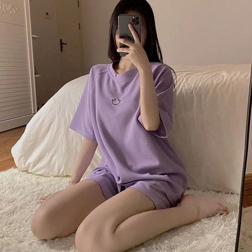 아뜰라임 여성 홈웨어 반팔 긴바지 파자마 스마일 체크 잠옷 세트