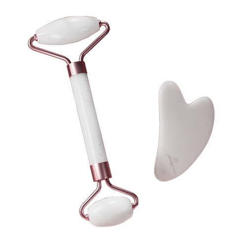 케어 얼굴 바디 괄사 쿼츠 마사지기+롤러 세트, 마블 화이트 쿼츠