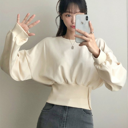 NewCare 여성 크롭 맨투맨 루즈핏 허리 밴딩 시보리 단추