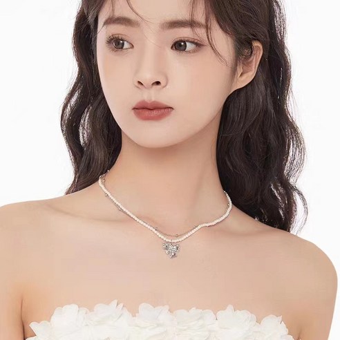 Anyou 나비매듭 진주 목걸이 레이어드 목걸이