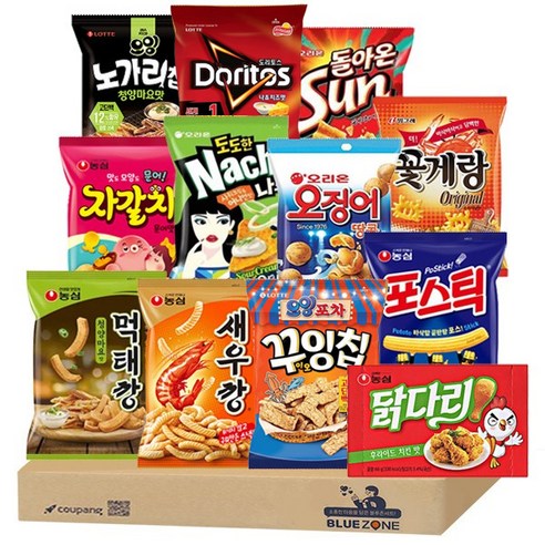 블루존 안주과자 12종 세트(닭다리+먹태깡+새우깡+자갈치+포스틱+오징어땅콩+나초사워크림+썬+꽃게랑+도리토스+노가리칩+꾸잉칩)
