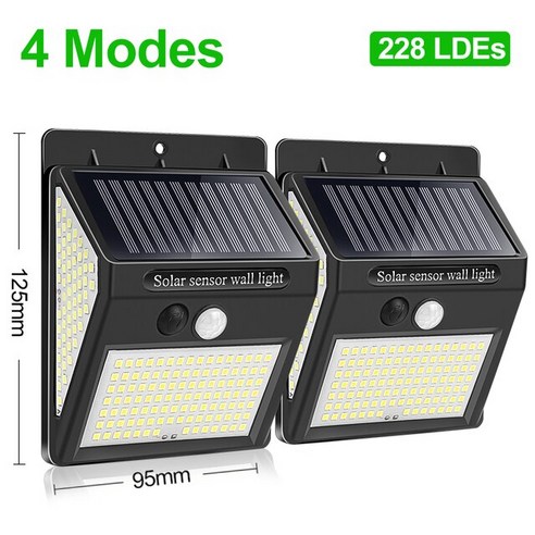 [KHTE] 야외 태양광 조명 228 100 LED 태양광 램프 PIR 모션 센서 벽 조명 방수 태양광 조명 정원 장식, 228LED-4Mode-2Pcs