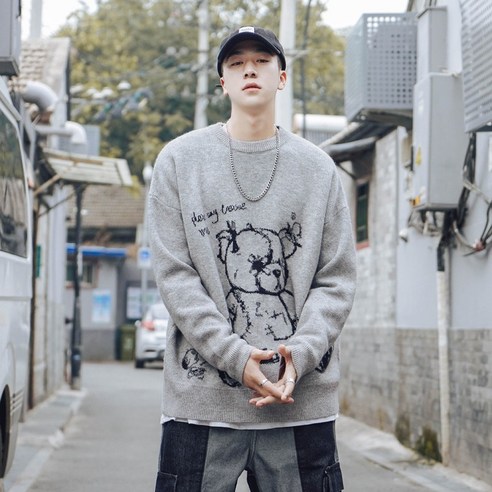 데이 가을과 겨울 복고풍 라운드 넥 스웨터 남자 패션 브랜드 의류 느슨한 스웨터 스웨터