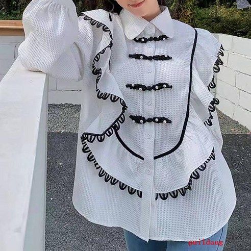 러플 플레이트 버클 화이트 셔츠 여성용 스프링 셔츠 코트 기질 코트