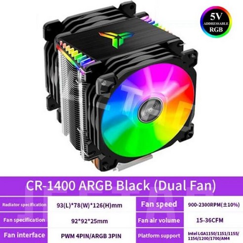 ssd방열판 히트 싱크 m.2히트싱크 JONSBO CR-1400 ARGB 4 파이프 타워 CPU 쿨러 ITX 5V 3 인치 조용한 팬 프로세서 인텔 LGA1700 115X 1200, [01] A-RGB, [01] 기타 (ae˚) frequ, [06] ARGB Black Dual fan