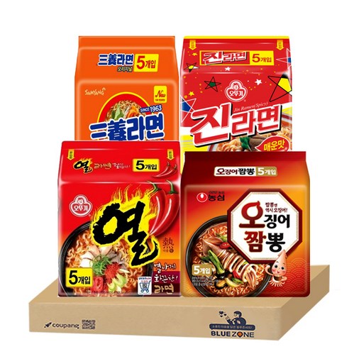 블루존 삼양 오뚜기 봉지라면 4종 세트 (삼양라면5p+진라면매운맛5p+오징어짬뽕5p+열라면5p)