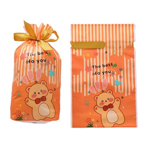 시선레드 구디백 간식 포장 리본 선물봉투 하이시브 복주머니(23*15*6cm), 오렌지 곰돌이, 50매