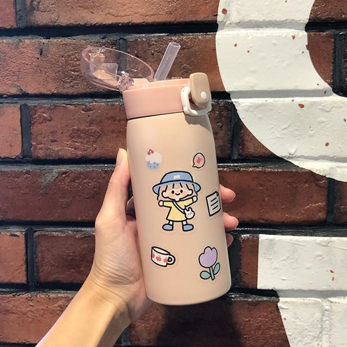 smy보온병 짚 물 컵 여성 학생 신선한 만화 귀여운 간단한 모리 휴대용 튀는 커버 한국 컵, 스티커 350 Ml/핑크, 하나