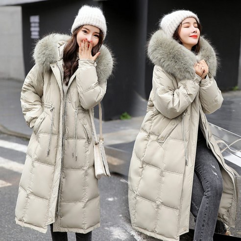 Mao화이트 오리 Overknee 중반 다운 재킷 한국 한국어 스타일 허리 꽉 큰 모피 칼라 두꺼운 코트