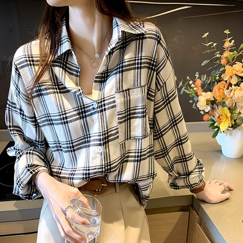 더블유 여성 빈티지 루즈핏 체크셔츠