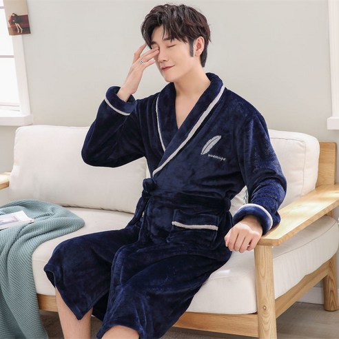DFMEI-Y 가을 겨울 커플 잠옷 여성 산호 양털 목욕 가운 긴 소매 잠옷 남성 짙은 플란넬 목욕 가운 홈 착용, DFMEI P13 네이비 블루 깃털 남성, M