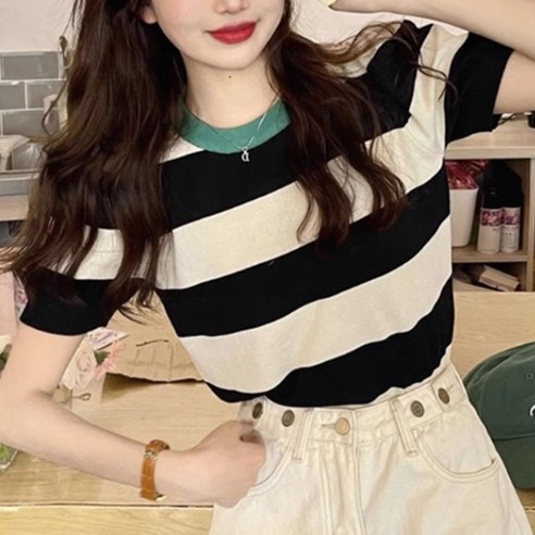 소매 벌룬 배색 단가라 크롭니트 반팔 티