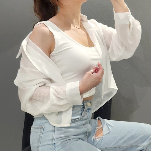 피키랩 세미 크롭 시스루 셔츠 여름 여성 뒷트임 거즈 남방 블라우스 간절기