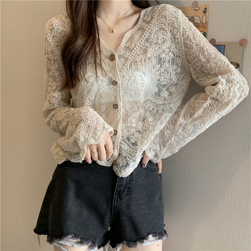 긴소매 브이넥 쉬폰 레이스 카디건 YM316A