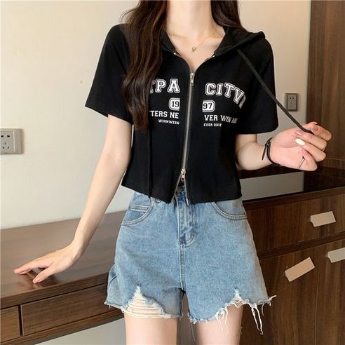 레일리 반팔집업 크롭후드티