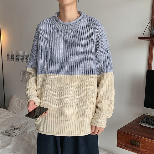 DFMEI 일본 컬러 매칭 스웨터 남성 가을 겨울 모든 경기 캐주얼 스웨터 홍콩 스타일 느슨한 스웨터 코트