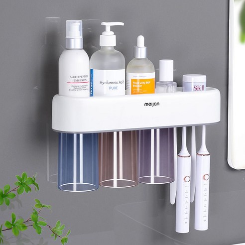 MOHEGIA 칫솔 홀더 비 천공 세트 치과 컵 홀더 치약 압착기 구강 세척 컵 보관 홀더, 3 컵 칫솔 홀더 (업그레이드)