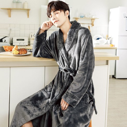 DFMEI-Y 잠옷 여성의 가을과 겨울 긴 산호 양털 플러스 벨벳 두꺼운 커플 목욕 가운 플란넬 남자 잠옷 겨울 홈 착용, {"패션의류/잡화 사이즈":"M 적합 [160cm -120kg]"}, DFMEI 회색 [] 스티치 플란넬