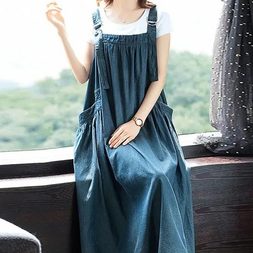 Kamoda 여름 루즈핏 멜빵 롱 원피스 여성 캐주얼 빅사이즈 데님 원피스, 블루, L