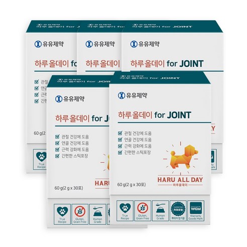 유유제약 하루올데이 JOINT 강아지 관절 반려견 영양제 슬개골 글루코사민 MSM 초록입홍합 카제로템, 뼈/관절강화, 5개