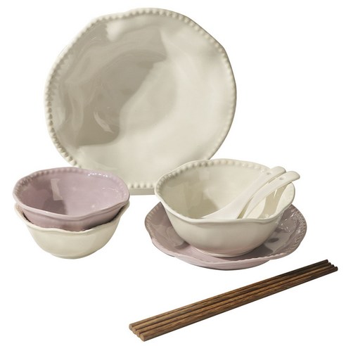 Mose 가정용 프렌치 식기 + 접시 세트, 접시2개+공기2개+국수그릇1개+수저2개+젓가락2세트, 1개, 크림+핑크