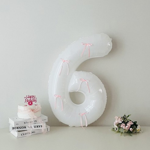연지마켓 화이트 대형 숫자 풍선 리본 기념일 생일, 화이트 6, 1개, 핑크리본